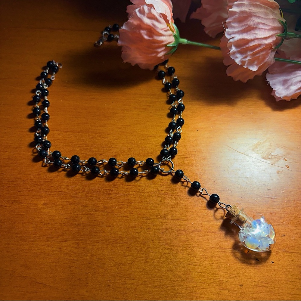 Handmade Gothic Black Crystal Double Layered Rosary Necklace Choker